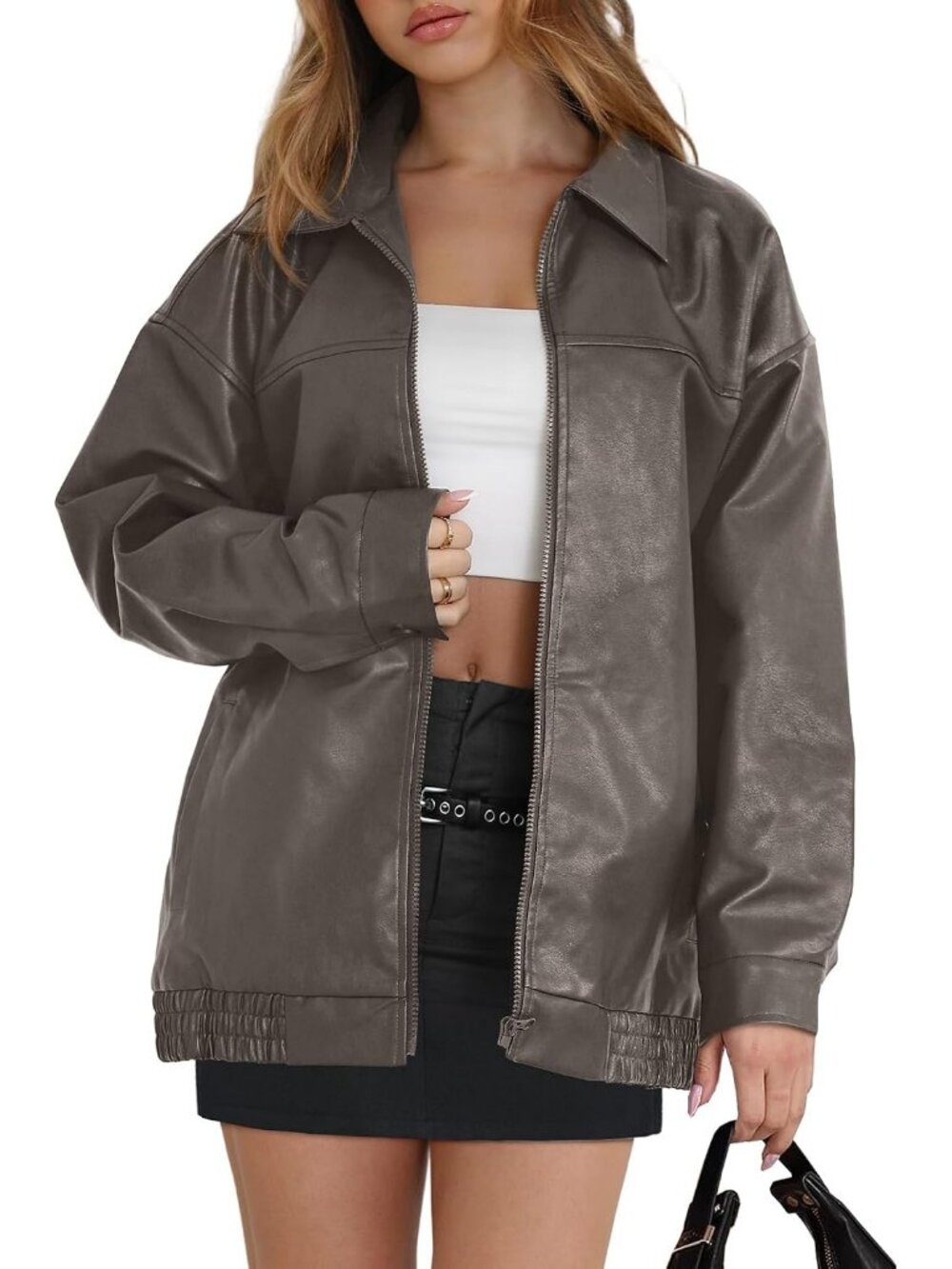Women's Grey Oversized Moto Biker Fall Winter Faux Suede Leather Causal Jacket